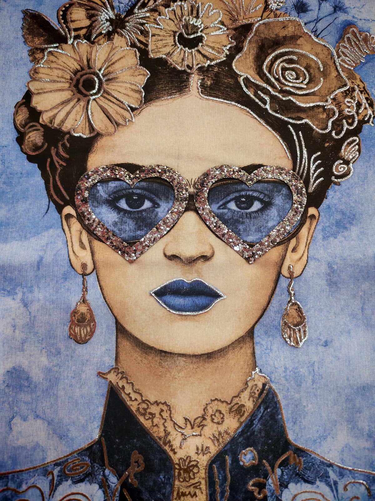 T-shirt Frida con occhiali stampa azzurra