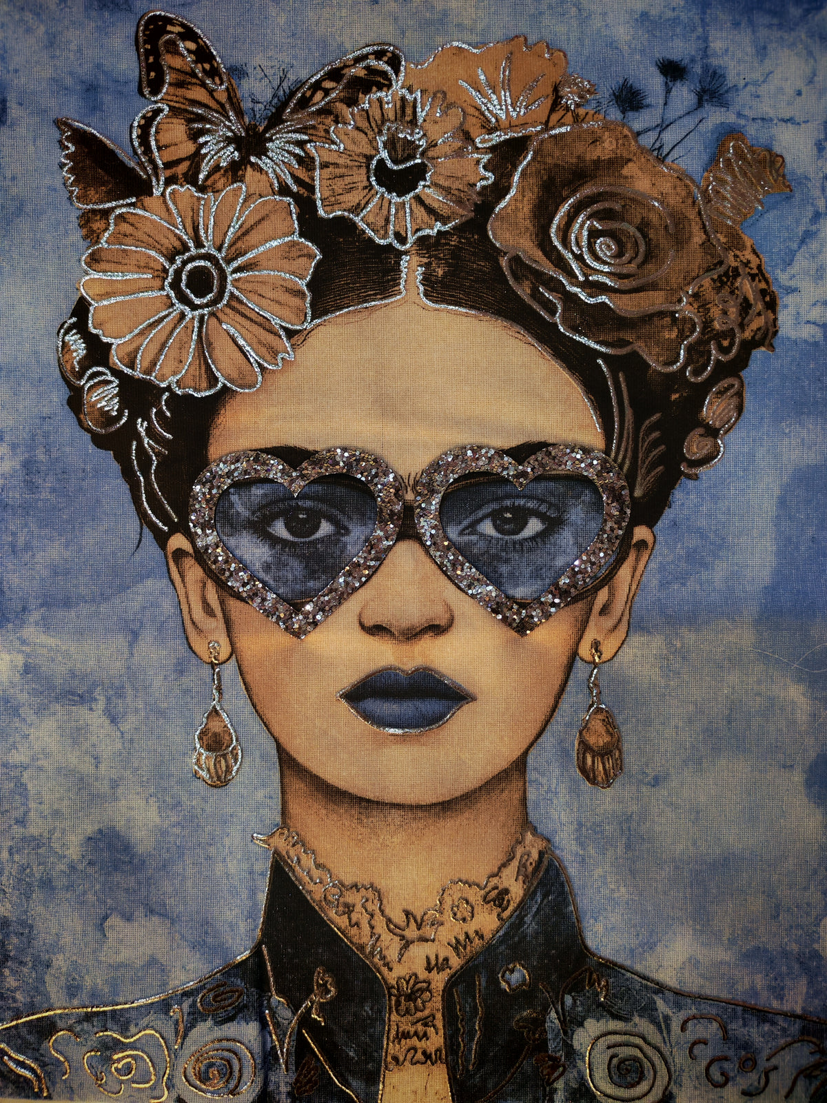 T-shirt Frida con occhiali stampa azzurra