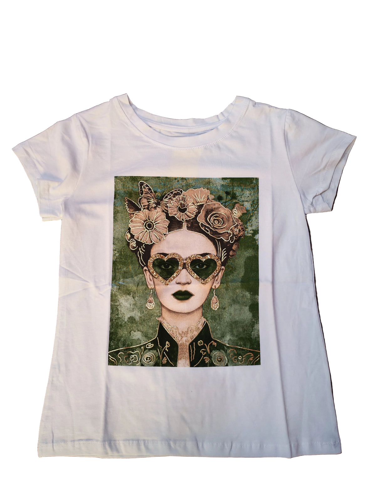 T-shirt Frida con occhiali stampa verde
