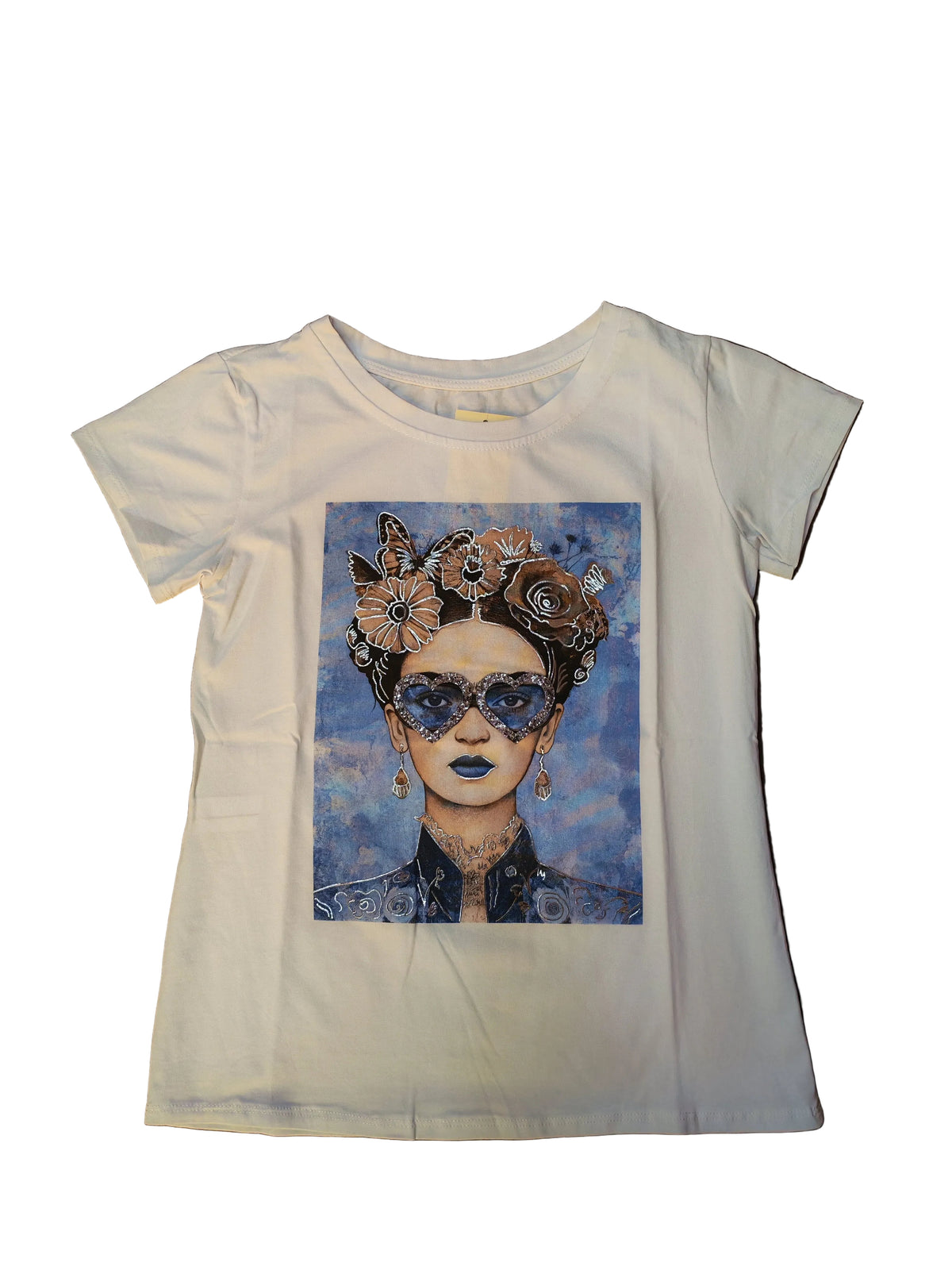 T-shirt Frida con occhiali stampa azzurra